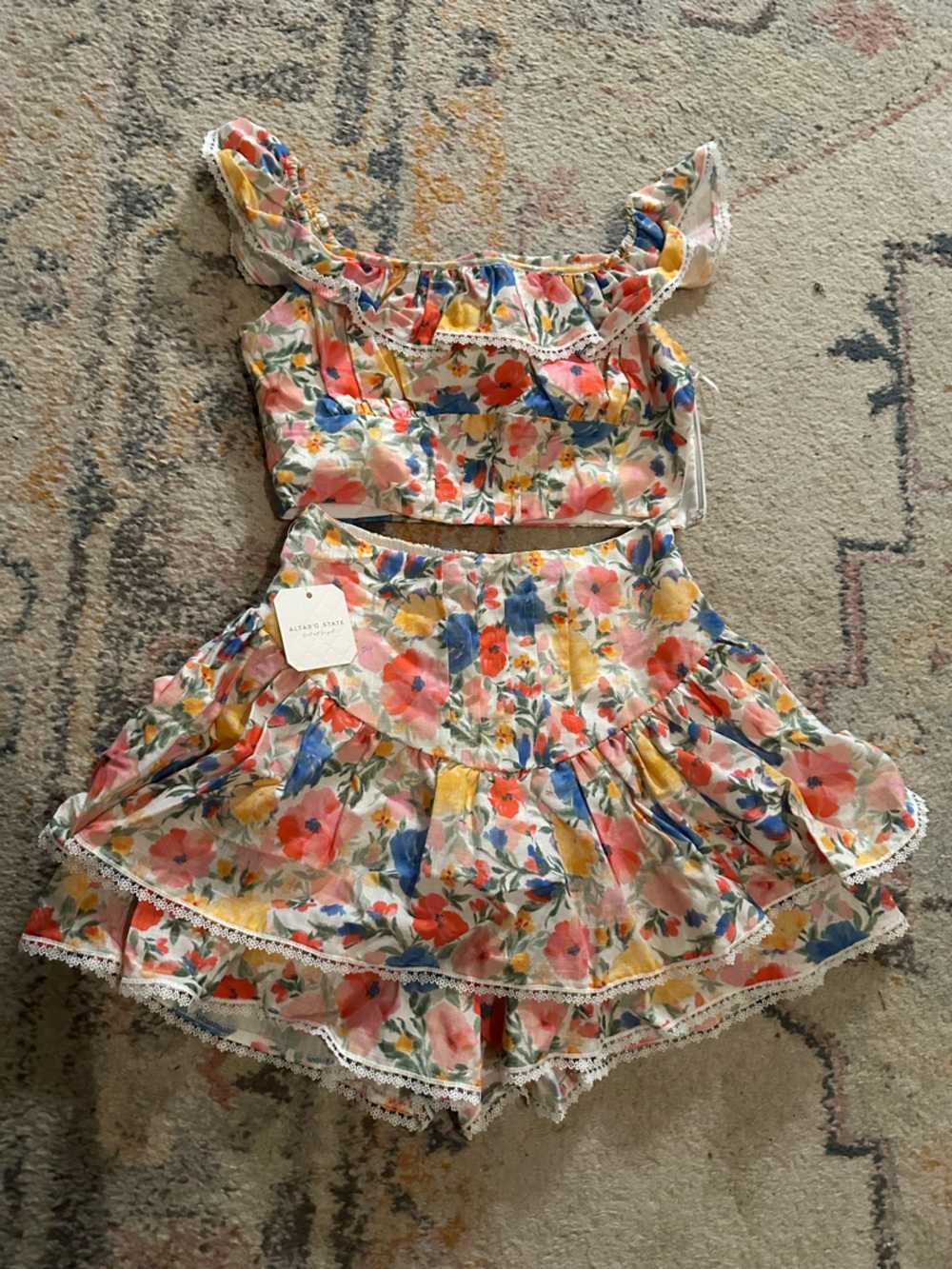 Altar'd State Floral Two-Piece Set in White, Pink, Yellow, Blue